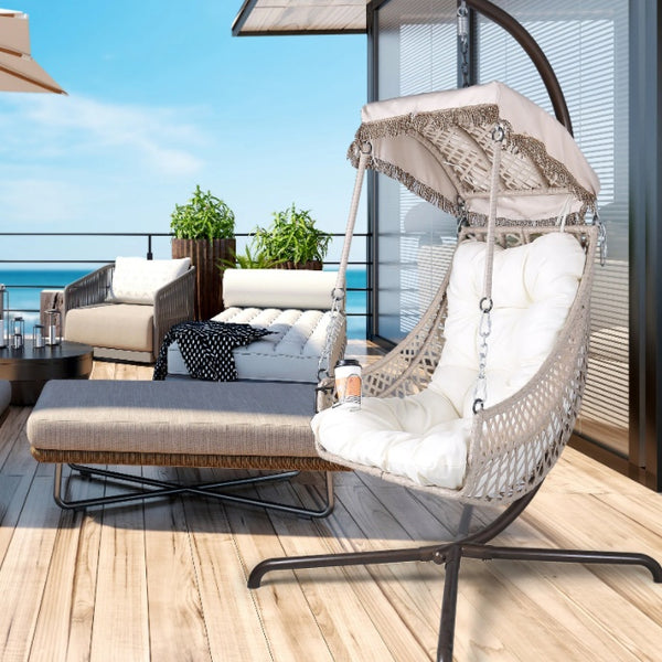 Beige Indoor/Outdoor Swing Egg Cushion Hanging Chair with Stand, UV Protection with Cup Holder