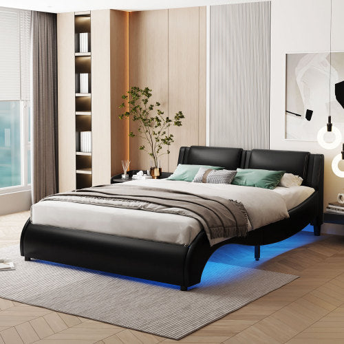 Full Size Black, Upholstered, Faux Leather Platform Bed with LED Light Bed Frame