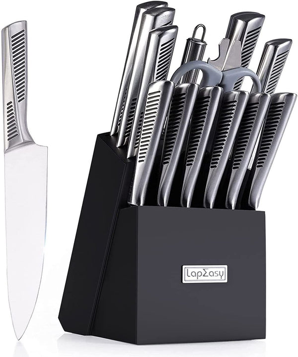 LapEasy15 Piece Kitchen Knife Set,with Block, Stainless Steel, Hollow Handle Cutlery with Manual Sharpener