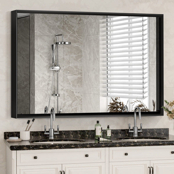 40x30 Inch Glossy Black Bathroom Mirror – Rectangular Vanity Wall Mirror for Stylish Bathroom Decor