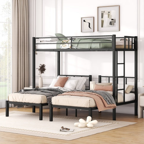 Black Metal Triple Bunk Bed with Double Twin Bottom and XL Twin Top