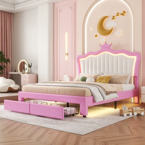 Full Size Pink Upholstered Princess Bedframe with Crown Headboard, Attached Drawer, & USB Lights