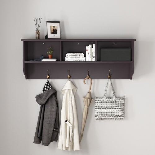 Espresso Entryway Wall Mounted Coat Rack with 4 Dual Hooks – Wooden Storage Shelf for Living Room