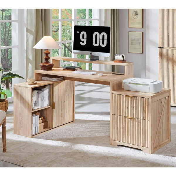 67" Modern L Shaped Desk with Storage Cabinet &amp; Drawers – Wood Home Office Desk with Power Outlets, Fluted Computer Desk