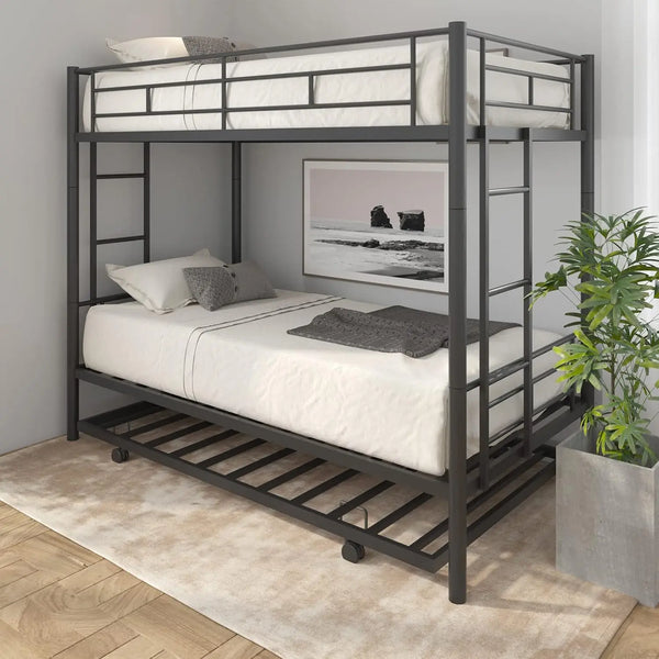 Twin Over Twin Metal Bunk Bed with Trundle – Heavy Duty Frame with 2 Side Ladders