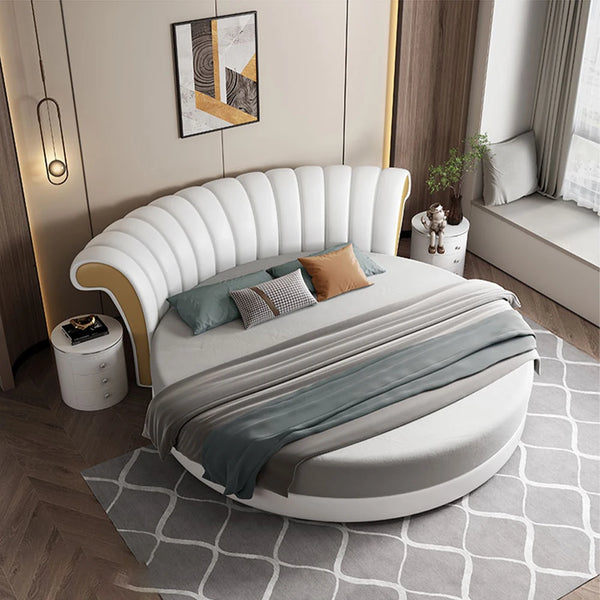 Upgrade Your Sleeping Experience with Linlamlim Round Leather Bed Frame Italian Genuine Leather Double Beds Lit 2 Personnes