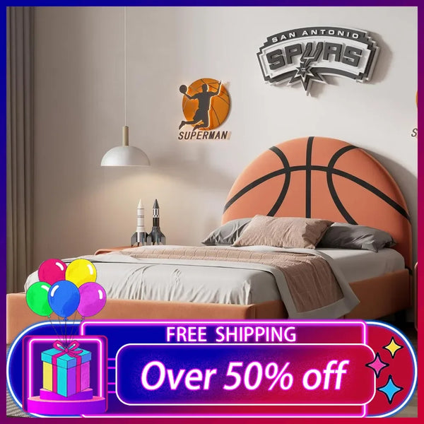 Basketball Shaped, Twin Size Sport Style Bed for Boys, Wood Platform Upholstered Frame with Slats