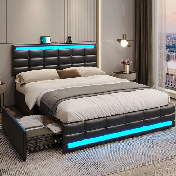 Black Queen size bed frame with LED light-Leather platform with storage drawers and charging station