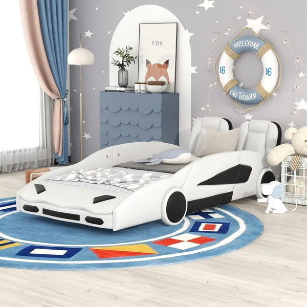 Twin Size Race Car Shaped Bed, Wooden Platform Bedframe with Wheels on Both Sides, Slat Support