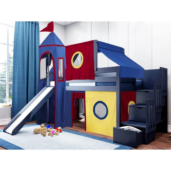 Castle Low Loft Stairway Bed with Slide Red Yellow & Blue Tent and Tower