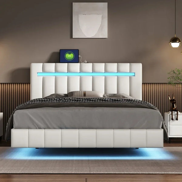 Queen Size Modern Upholstered Platform Floating Bed Frame with LED Lights and USB Charging Ports, No-Noise Design