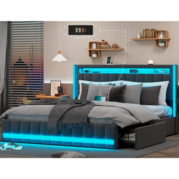 Queen Size Bed with 4 Storage Drawer-LED Lights-Charging Station-Adjustable Headboard-Slats Support-No Box Spring Needed
