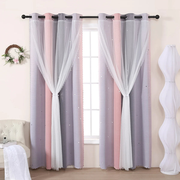 Grey and Pink Gradient Hollow Out Stars Perforated Curtains – Semi-Blackout Decorative Curtains for Girls Bedroom and Living Room