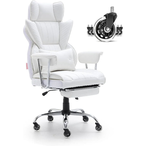 Reclining white PU Leather Office Chair with Footstool