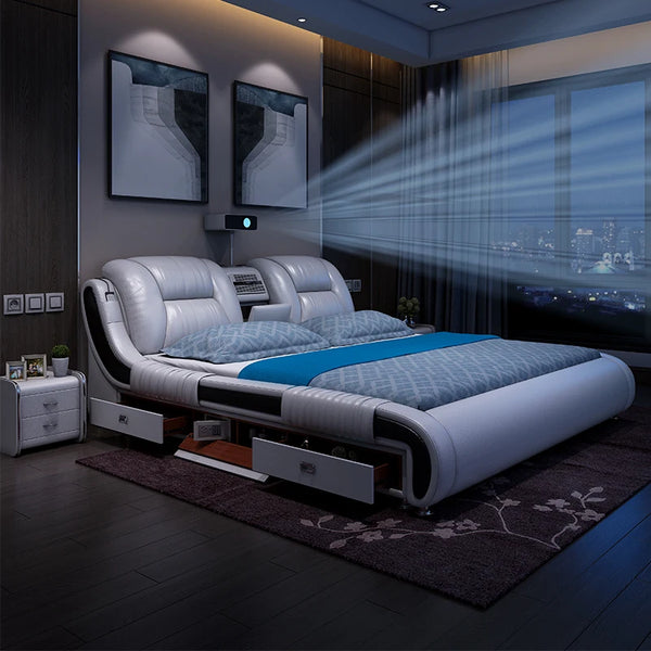 Genuine Leather Bed- Ultimate Massage Camas with Bluetooth, Speaker, Air Cleaner, Projector, Drawers