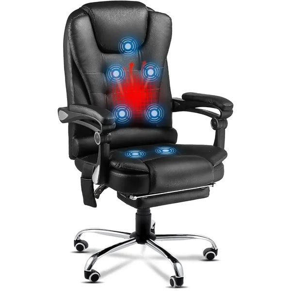Executive Swivel Leather Office Chair-Ergonomic-Reclining-Heat & Massage-High Back-Retractable Footrest