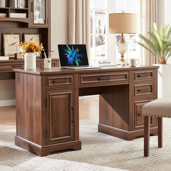 58" Executive Desk – Farmhouse Computer Desk with Drawers and Cabinet, Embossed Texture Home Office Desk