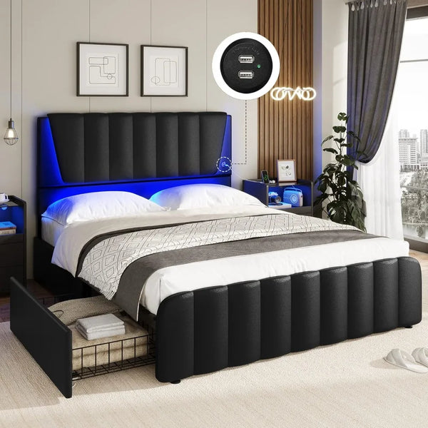 Queen Size Platform Bed Frame with Headboard and 4 Storage Drawers-Led Light & 2 USB Ports