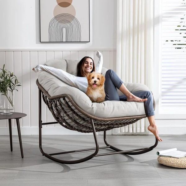Indoor Outdoor Rocking Chair – Oversized Papasan Rocking Chair with Thick Cushion &amp; Wicker Egg Lounge Chair