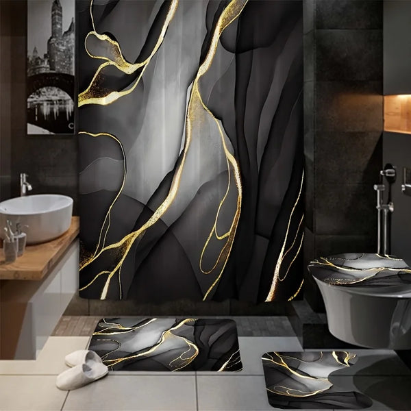 Black & Golden Marble Pattern Bathroom Set – Waterproof Multifunctional Shower Curtain with 12 Hooks, Non-Slip, Insulating