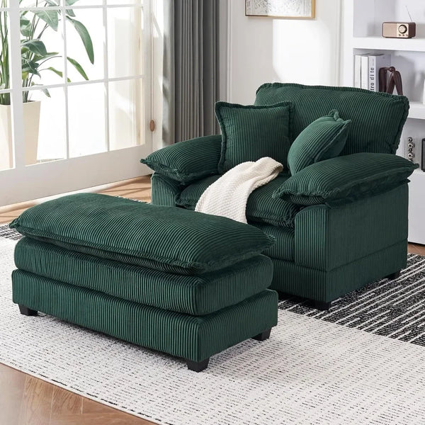 Oversized Chaise Lounge Indoor, Wide Corduroy Single Sofa Chair with Ottoman, Plush Upholstered Deep Seat, Lazy Sleeper