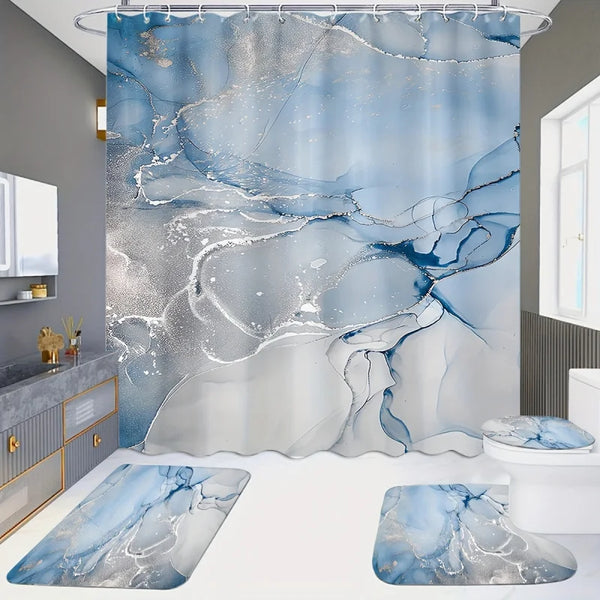Blue Dreamy Marble Pattern Shower Curtain Set – 1/3/4-Piece Bathroom Set with Rug, U-Shaped Mat, Toilet Seat Cover, Waterproof