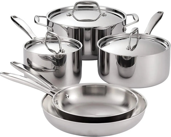 Tri-Ply Clad Stainless Steel 8-Piece Cookware Set with Lids Pots and Pans Kitchen Set Induction-Ready Dishwasher-Safe