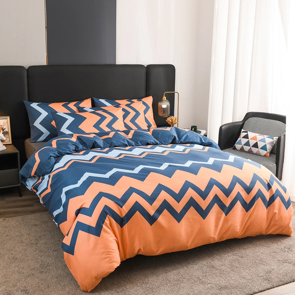 Retro Abstract Blue & Orange Geometric Zig Zag 3-Piece Comforter Set – Soft Texture Duvet Cover, Queen & King Sizes
