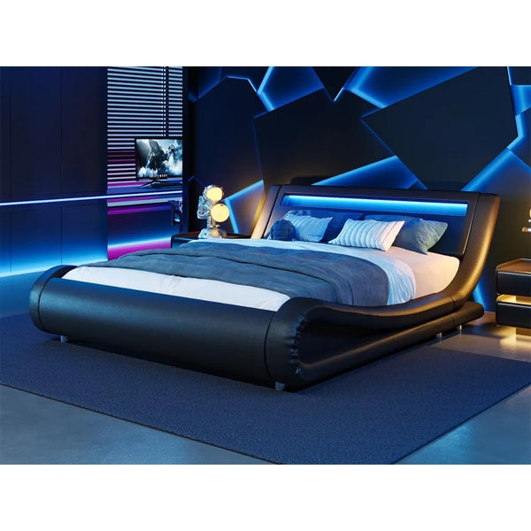 Modern Queen Bed Frame with RGBW LED Lights-Headboard-Low Profile Upholstered Platform- Sleigh Design-Strong Wood Slats for Good Support