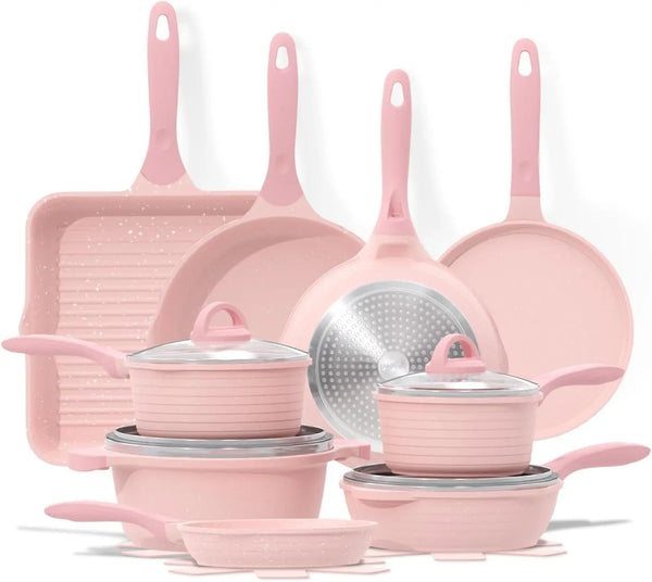 Pink Pots and Pans Set – 23-Piece Nonstick Healthy Kitchen Cookware Set with Pink Granite Stone Frying Pans, Induction Compatible