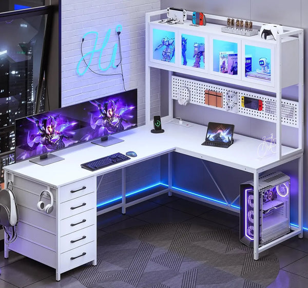 L Shaped Gaming Desk with Drawers – Computer Desk with Hutch, Storage Shelves, LED Lights, and Power Outlet (White)