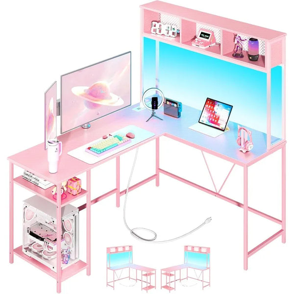 L-Shaped Desk Game Table with LED Light Strip and Electrical Outlet – Reversible L-Shaped Computer Desk with Storage Shelves