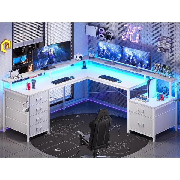 Gaming Computer Desk, with 6 Drawers, with LED Lights, Power Outlets, Monitor Stand and Shelf