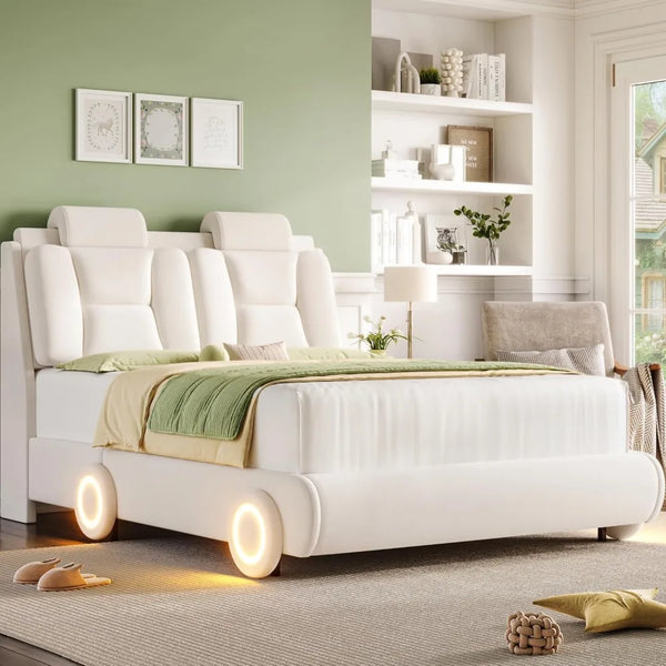 Children's Queen Upholstered Led Bed Frame with Wheels Decor & Adjustable Curved Headboard Modern Car-Shaped Platform