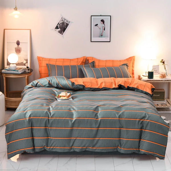 Striped Grey Duvet Cover Set – Reversible Neutral Orange Plaid, Twin & Queen Size, Geometric Bedding Set, Microfiber 3-Piece