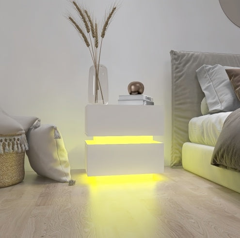 White High Glossy 2 Drawers Nightstand With RGB Led Light with Bluetooth Control