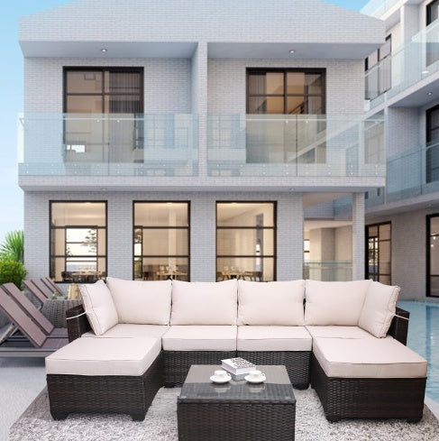 Outdoor Garden Patio Furniture 7Piece PE Rattan Wicker Cushioned Sofa Sets And Coffee Table