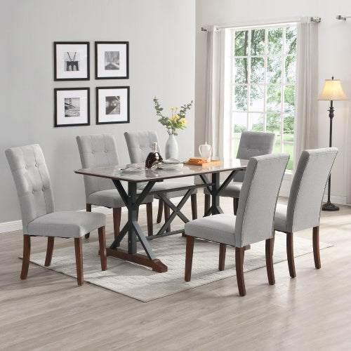 7 Piece Gray Sintered Stone Modern Kitchen/Dining Table, With 6 Tufted Upholstered Chairs,
