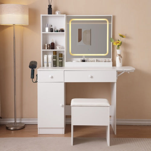 White Vanity Make-up Desk with Lighted Mirror & Power Outlet - 3 Lighting Modes for Adjustable Brightness - Stool Included
