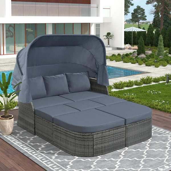 U STYLE Patio Daybed Sunbed with Canopy Wicker Set