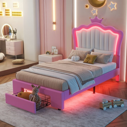 Pink Upholstered Princess Bedframe with Crown Headboard, Attached Drawer, & USB Lights